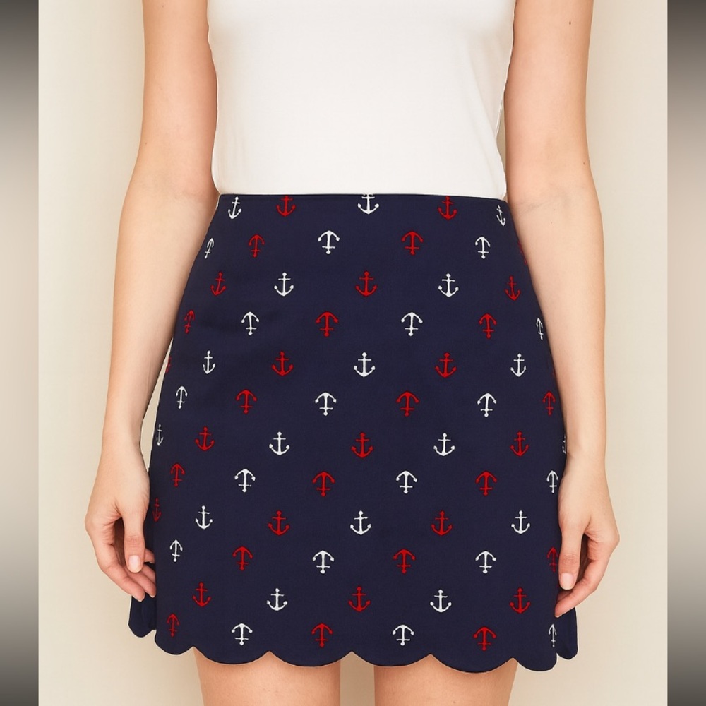 Talbots Navy Blue Red and White Anchor Scalloped Hem Skirt Size 12